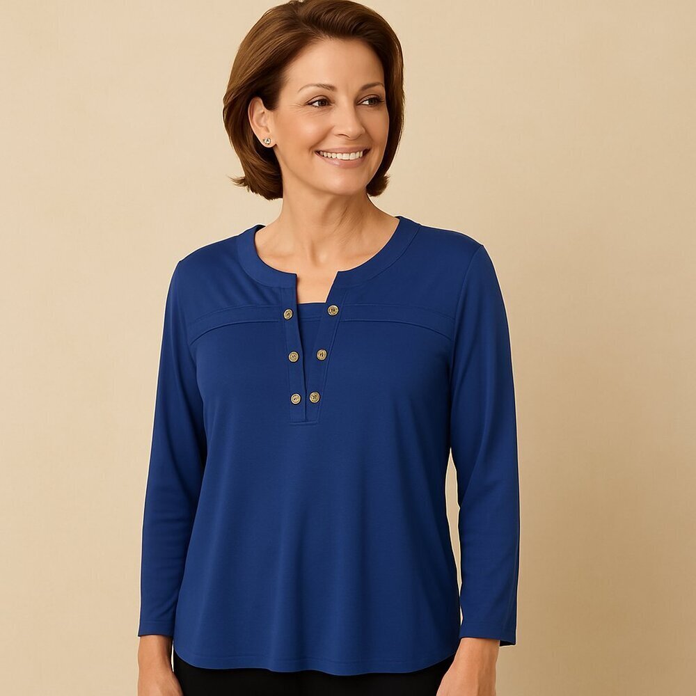 PerSeption Petites Medium Royal Blue Henley Blouse Classic Office Top Preppy